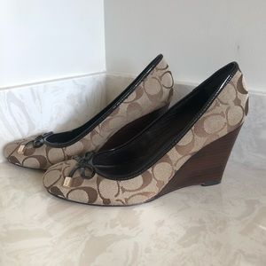 Coach Tan Logo Wedges with 3” Stacked Wood Heel